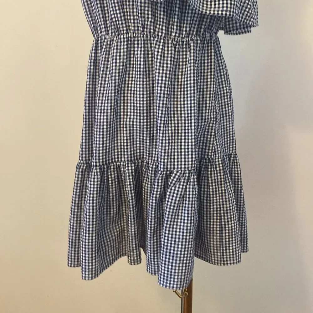 MINKPINK Wanderer Blue & White Gingham One-Shoulder Ruffle Dress Size Medium - Picture 4 of 8